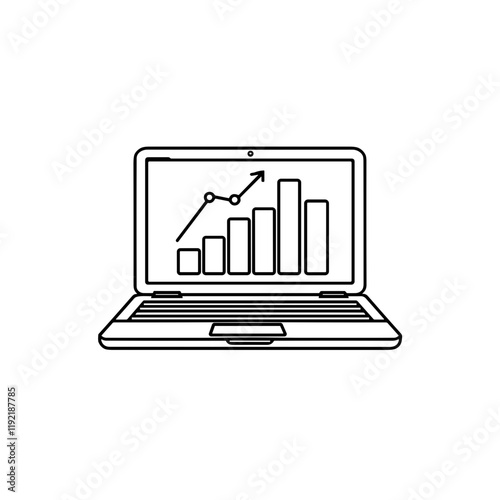 Minimalistic black-and-white laptop illustration with bar graph symbolizing digital analytics on plain background