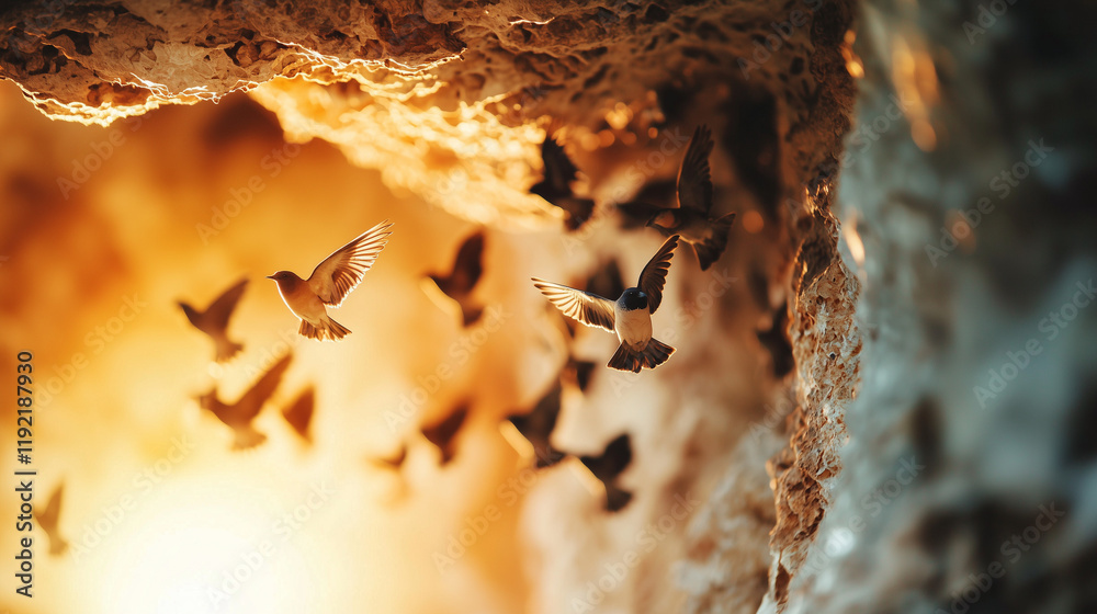 Flock of Birds Flying in Sunset Cave Silhouette Flock of Birds Flying in Sunset Cave Silhouette