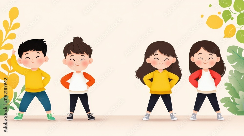 Playful Children with Cheerful Expressions Surrounded by Colorful Leaves and Fruits in a Vibrant Background Playful Children with Cheerful Expressions Surrounded by Colorful Leaves and Fruits in a Vibrant Background