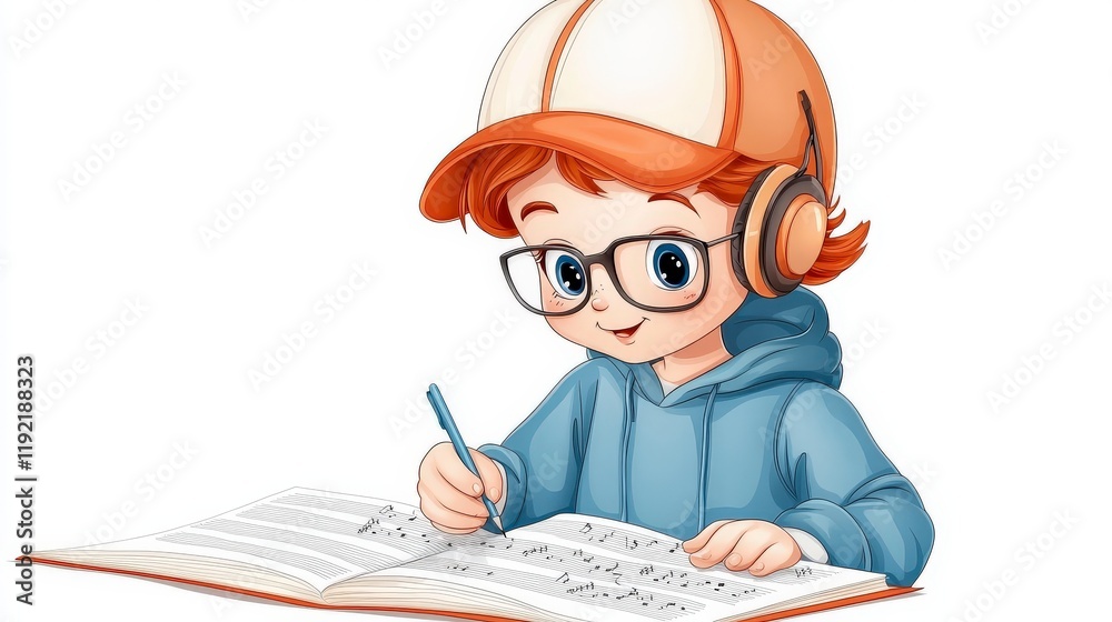 Young Boy with Headphones and Cap Studying Music Notes at a Desk with a Happy Expression Young Boy with Headphones and Cap Studying Music Notes at a Desk with a Happy Expression