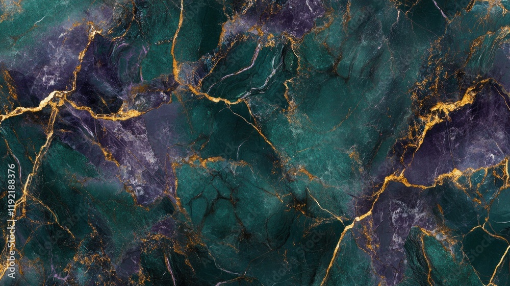 A striking seamless background with deep green and purple marble patterns, enhanced by bold gold lines weaving through the design