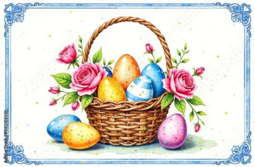 Watercolor Easter card with a basket of bright Easter eggs and roses. The postcard is decorated with a vintage blue Chinoiserie border and decorated with a decorative ribbon. 