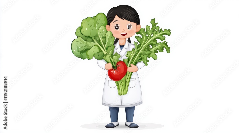 Happy cartoon character in lab coat holding fresh vegetables, showcasing healthy eating and nutrition awareness Happy cartoon character in lab coat holding fresh vegetables, showcasing healthy eating and nutrition awareness