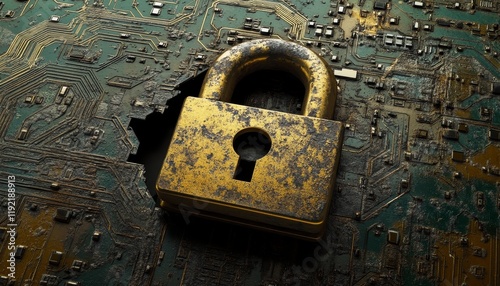 Digital padlock icon on circuit board background  cybersecurity concept for online safety protection photo