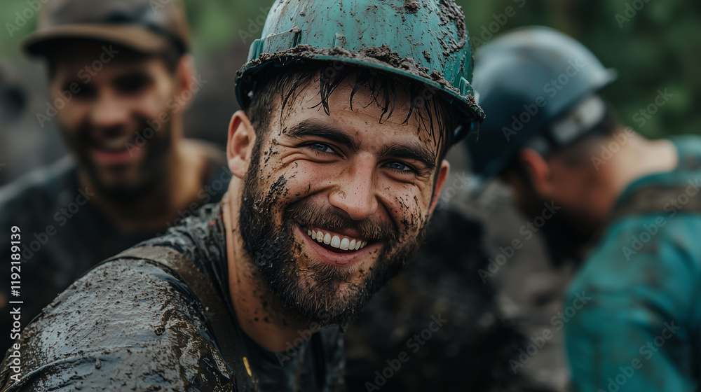 Fototapeta premium Smiling Construction Worker Covered in Mud