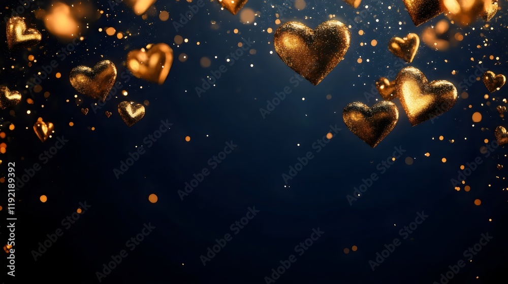 A blue background with gold hearts scattered all over it, Valentines Day greeting card concept. Mothers Day anniversary design A blue background with gold hearts scattered all over it, Valentines Day greeting card concept. Mothers Day anniversary design
