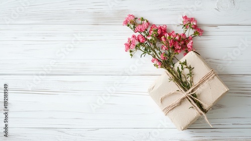 Pink flowers atop rustic gift on wood.  Perfect for cards, blogs, websites