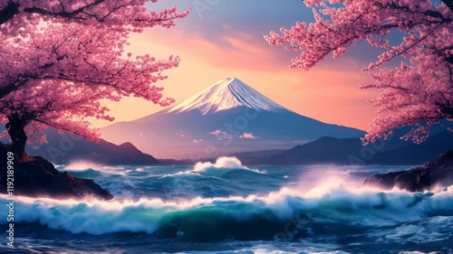 富士山と桜と荒波が見れる絶景　ループ映像