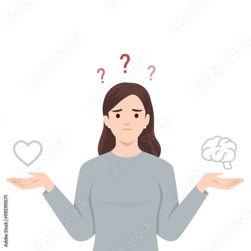 Unsure doubtful woman choose between brain and heart. Flat vector illustration isolated on white background