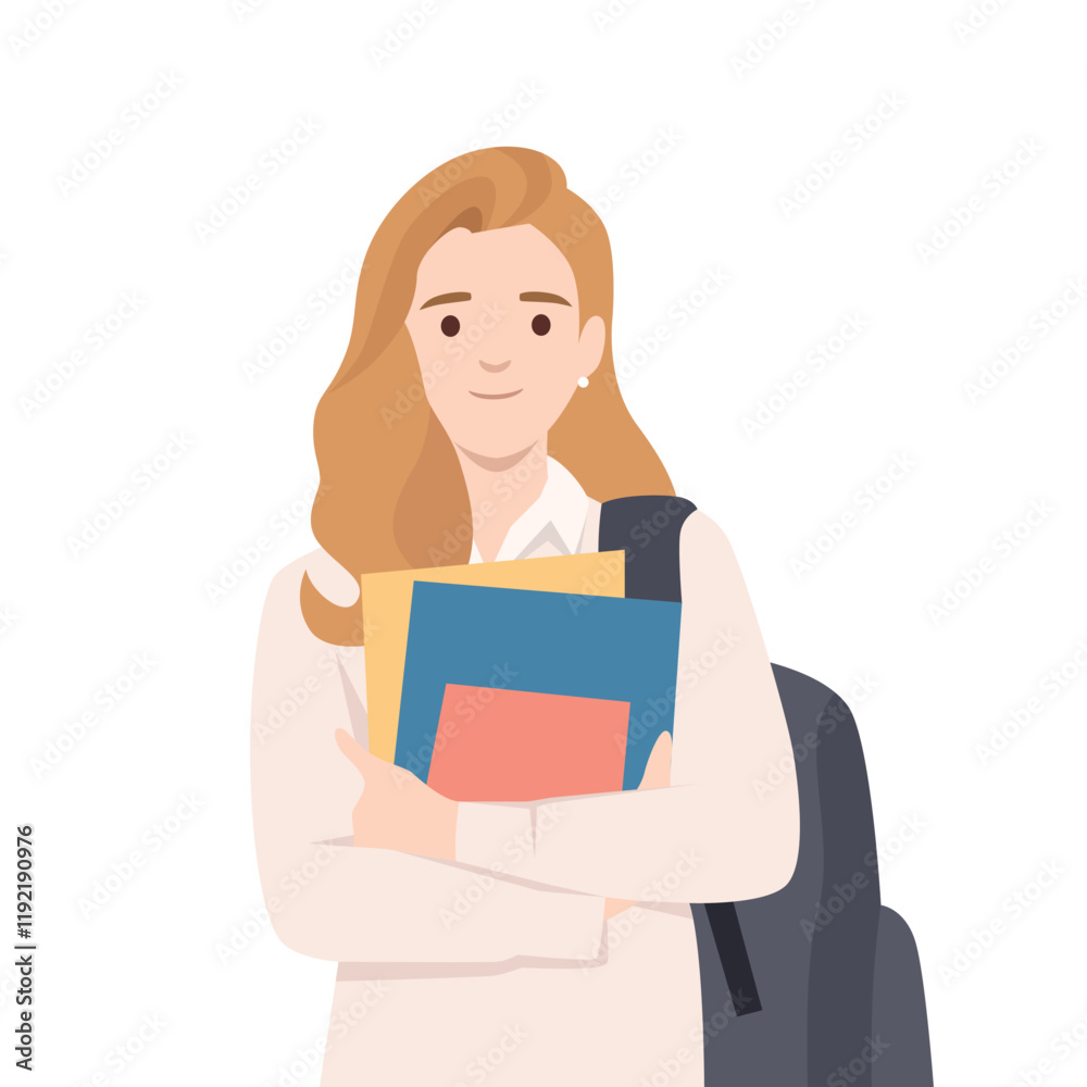 Young Woman College Student Holding Books. Flat vector illustration isolated on white background Young Woman College Student Holding Books. Flat vector illustration isolated on white background