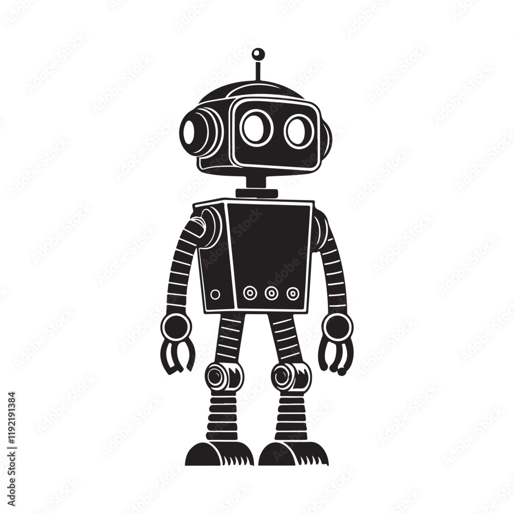 Retro futuristic robot with antenna and claw hands, vintage mechanical design with circular eyes and detailed body parts, black and white illustration