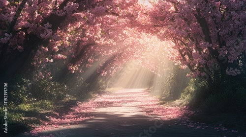 Serene Cherry Blossom Pathway Bathed in Soft Light, Framed by Lush Pink Blooms and Gentle Sunbeams, Perfect for Nature Lovers and Spring Enthusiasts