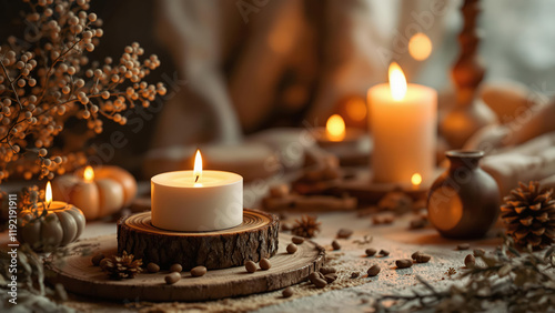 Cozy Autumnal Candlelight Still Life with Wooden Table Decor and Rustic Decorations