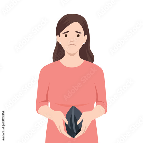 Woman has no money with empty wallet. Flat vector illustration isolated on white background