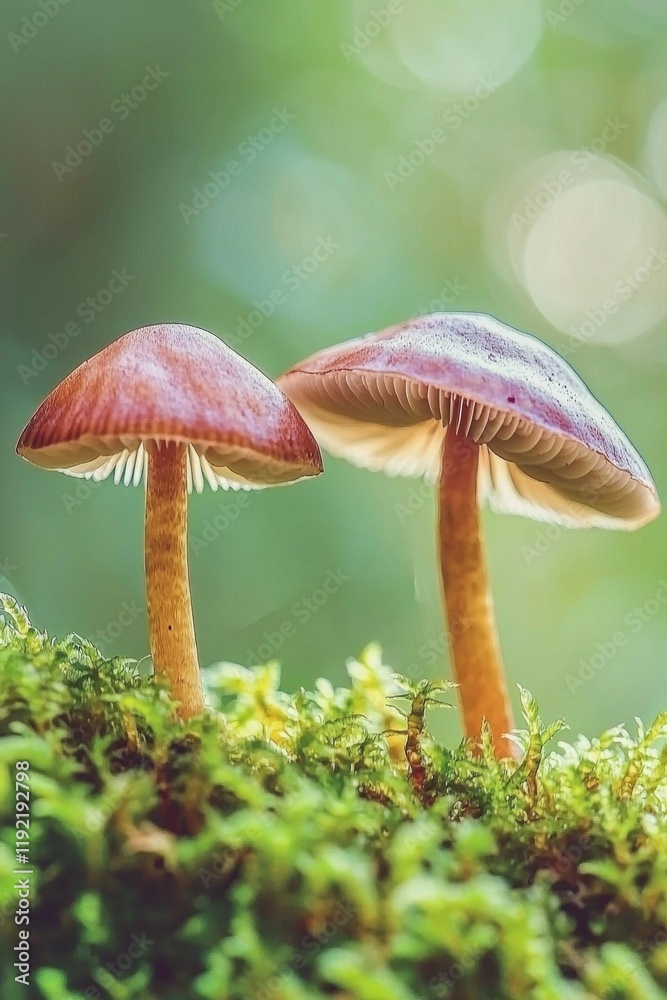 Fototapeta premium Two mushrooms growing on moss, with a green background