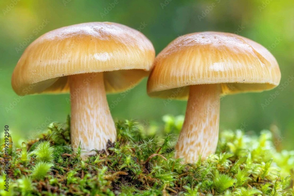 Two mushrooms growing on moss, with a green background Two mushrooms growing on moss, with a green background