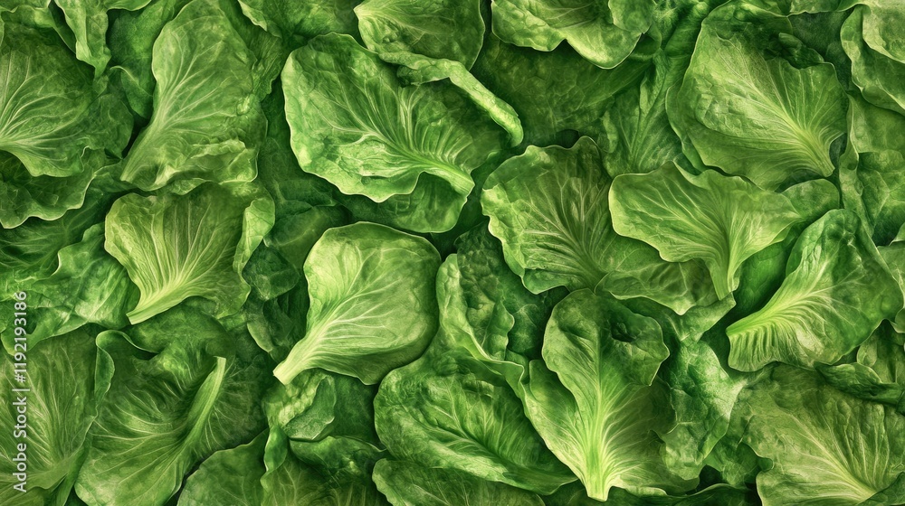 Fototapeta premium Fresh Green Lettuce Leaves Arranged in an Abundant Layer, Showcasing the Natural Texture and Vibrant Color of Crisp Vegetables for Healthy Eating Concepts
