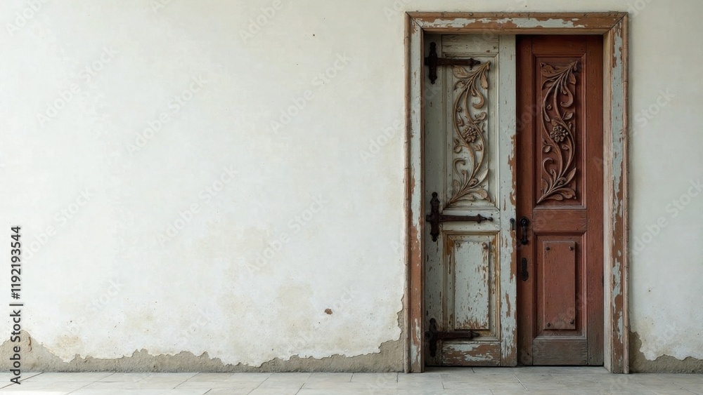 A weathered double door with intricate carvings set against a distressed plaster wall. The aged wood showcases the passage of time and hints at stories untold. A weathered double door with intricate carvings set against a distressed plaster wall. The aged wood showcases the passage of time and hints at stories untold.