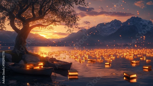 Enchanting lake scene with glowing books, majestic mountains, and a magical sunset atmosphere