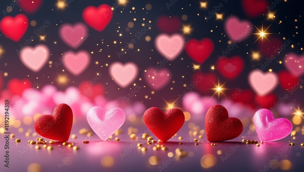 Obraz premium Romantic Valentine's Day scene with glowing heart-shaped bokeh lights and soft red and pink hues creating a dreamy and magical festive ambiance