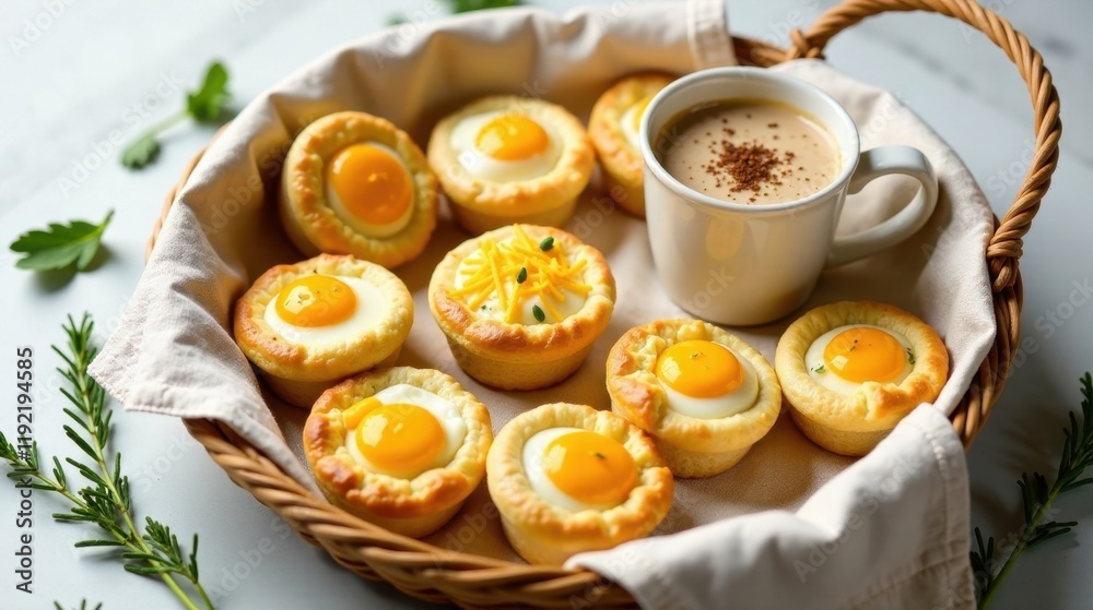 A delightful collection of savory egg-in-a-hole pastries, served in a rustic basket with a warm beverage. A delightful collection of savory egg-in-a-hole pastries, served in a rustic basket with a warm beverage.