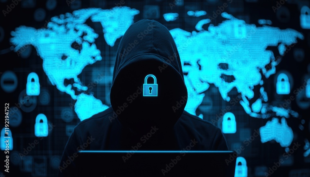 Mysterious Hacker in Dark Hoodie with Cybersecurity Background Mysterious Hacker in Dark Hoodie with Cybersecurity Background