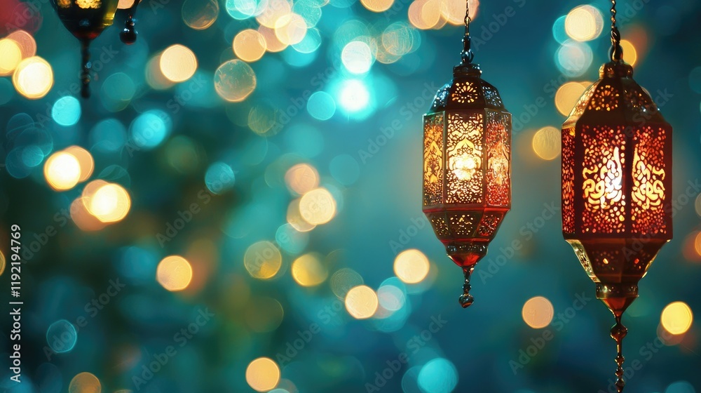 Festive lanterns glow, bokeh background, Ramadan celebration, greeting card (3)