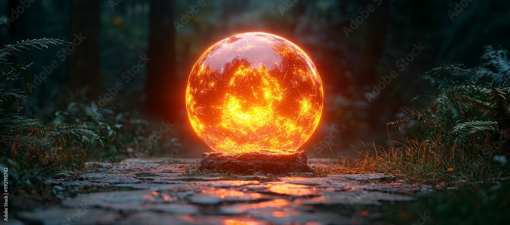 Fiery orb rests on path, dark forest background. Fantasy, magic, game design