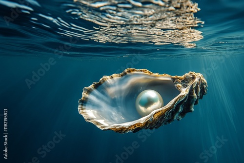 Captivating oyster shell floating in blue waters, showcasing a gleaming pearl in natural light