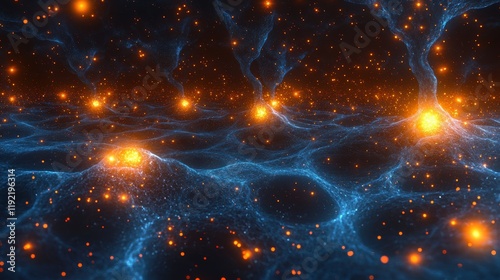 Abstract visualization of a neural landscape with glowing orange nodes and intricate blue web-like structures