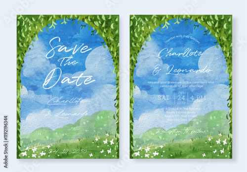 Set of Wedding Invitation with Watercolor Sky and Floral Field Nature Landscape