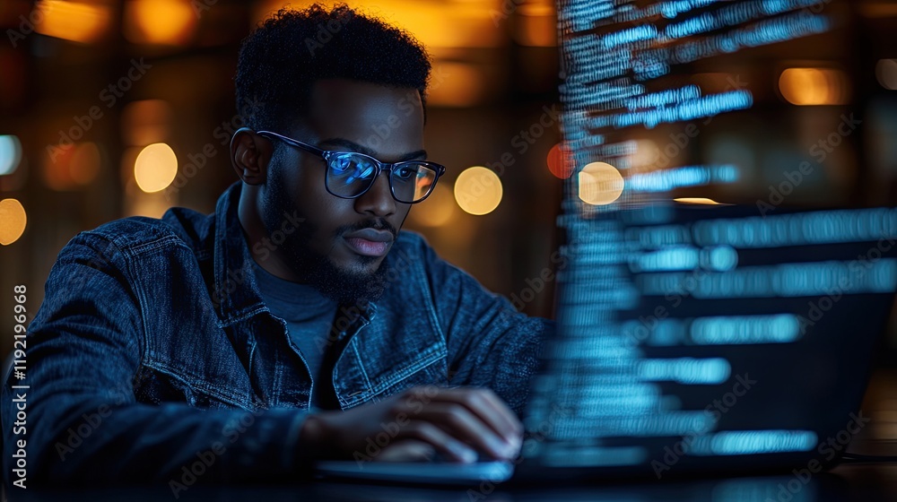Young man coding intently at night in a cozy, modern workspace with warm lighting