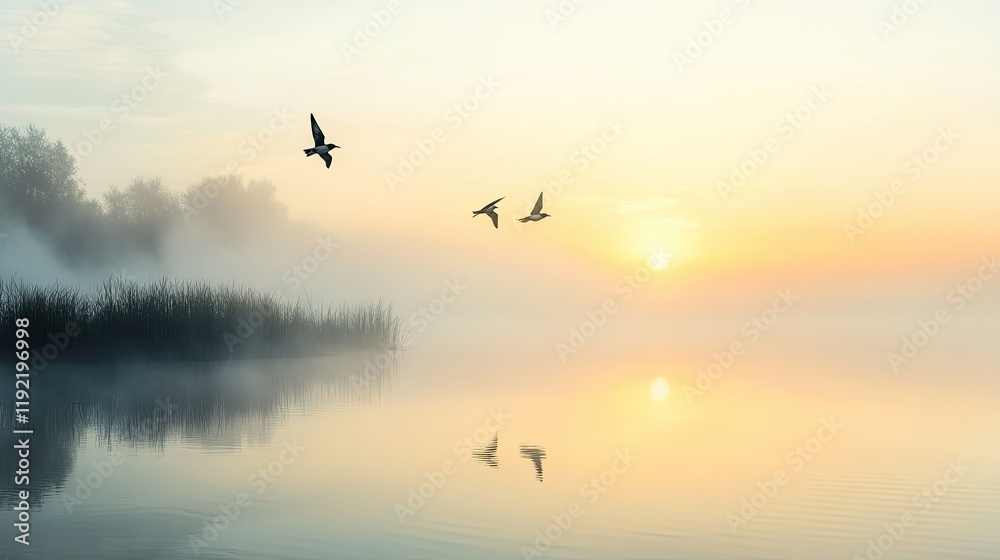 Fototapeta premium Serene Sunrise Over Misty Lake with Flying Birds and Reflections on Calm Water Surrounded by Lush Greenery in a Tranquil Natural Setting