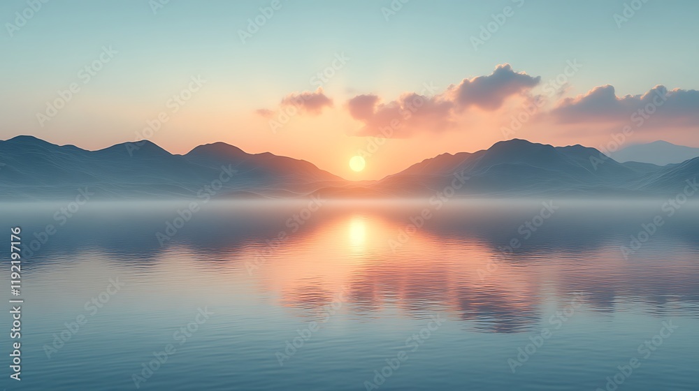 Serene sunset over misty lake and mountains. Serene sunset over misty lake and mountains.