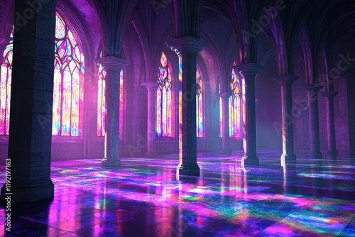 Gothic Cathedral Interior with Vibrant Stained Glass Windows and Ethereal Lighting photo