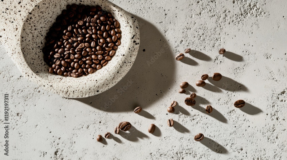 Coffee Beans in a Rustic Stone Bowl with Shadows Cast on Textured Surface, Capturing the Essence of Natural Elegance and Coffee Culture Coffee Beans in a Rustic Stone Bowl with Shadows Cast on Textured Surface, Capturing the Essence of Natural Elegance and Coffee Culture