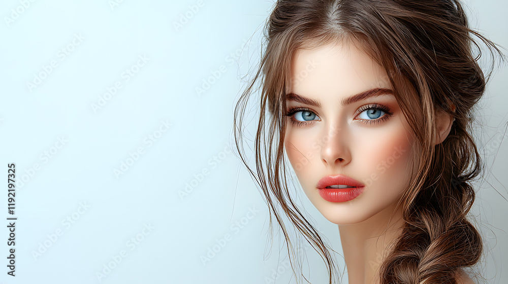 Naklejka premium Serene Beauty: A young woman with captivating blue eyes and a sophisticated braided hairstyle gazes directly at the camera, exuding natural beauty and confidence.