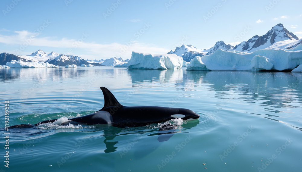 Naklejka premium Killer whale swimming in icy waters near glaciers