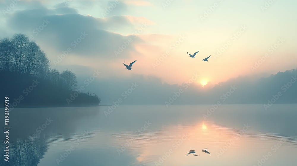 Fototapeta premium Serene Misty Morning Landscape with Silhouetted Birds Flying Over Calm Waters at Sunrise, Capturing Tranquility and Natural Beauty in Soft Pastel Hues