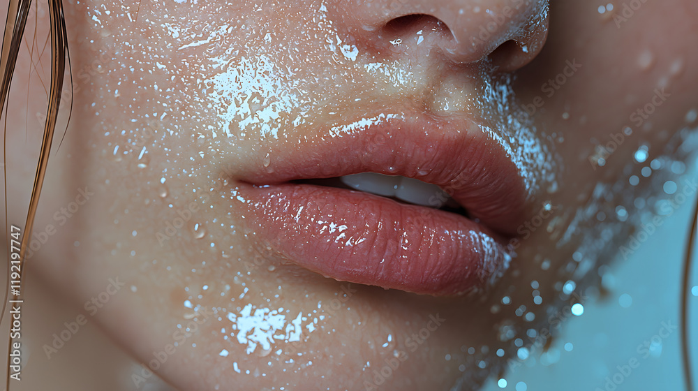 Obraz premium Close-up of Woman's Lips and Face with Water Droplets: A sensual and artistic close-up shot focusing on a woman's lips and face, delicately adorned with glistening water droplets.