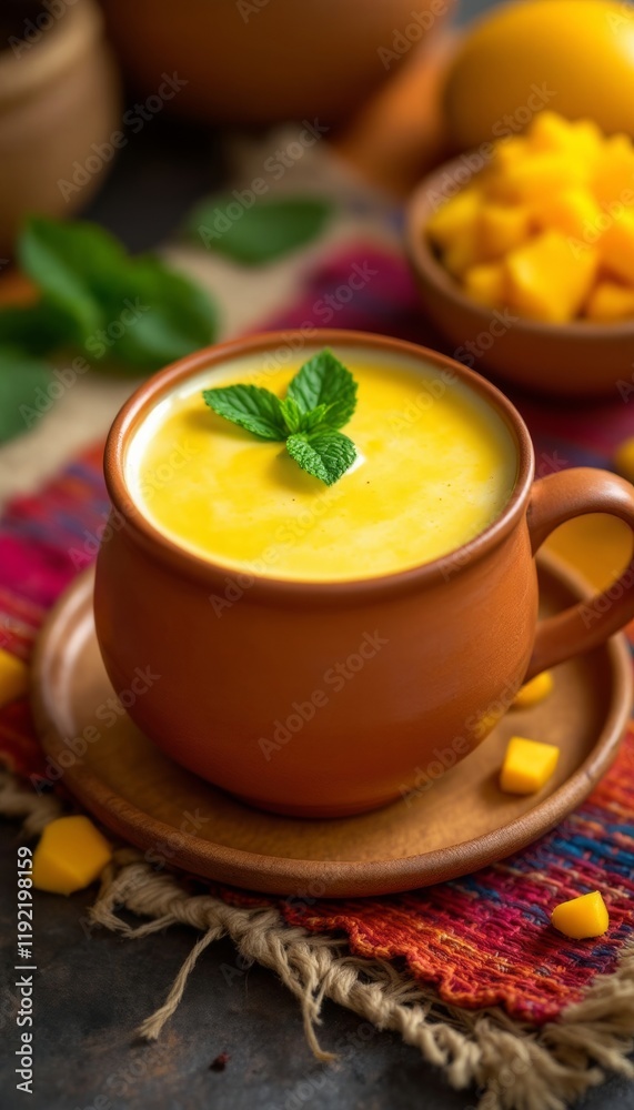 A vibrant mango smoothie in an earthy mug on a colorful woven mat A vibrant mango smoothie in an earthy mug on a colorful woven mat
