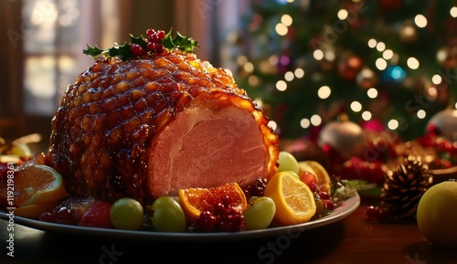 Glazed Christmas Ham with Festive Fruit Garnish photo