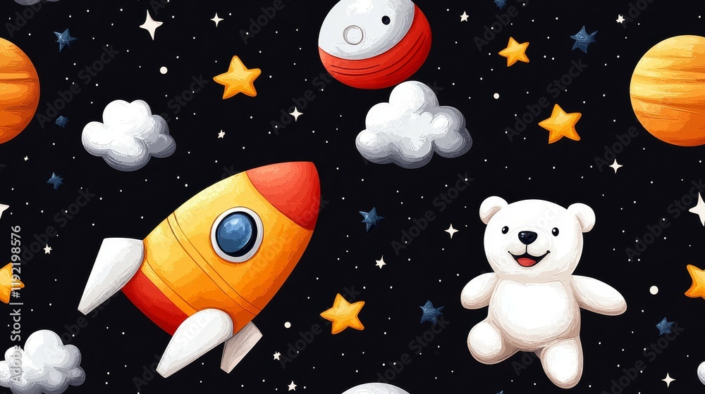 Fototapeta premium cute rocket and space seamless concept. Colorful space-themed illustration featuring a rocket, clouds, stars, and a teddy bear against a dark background.