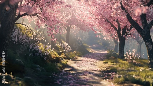 Serene Spring Pathway Through Blossoming Cherry Trees Illuminated by Soft Sunlight in Tranquil Nature Scene with Lush Greenery and Delicate Pink Petals