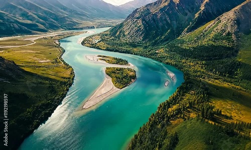 Wallpaper Mural Majestic Aerial View of a Winding River Surrounded by Green Forests and Rocky Mountains Under a Clear Blue Sky, Capturing the Beauty of Nature and Tranquility Torontodigital.ca