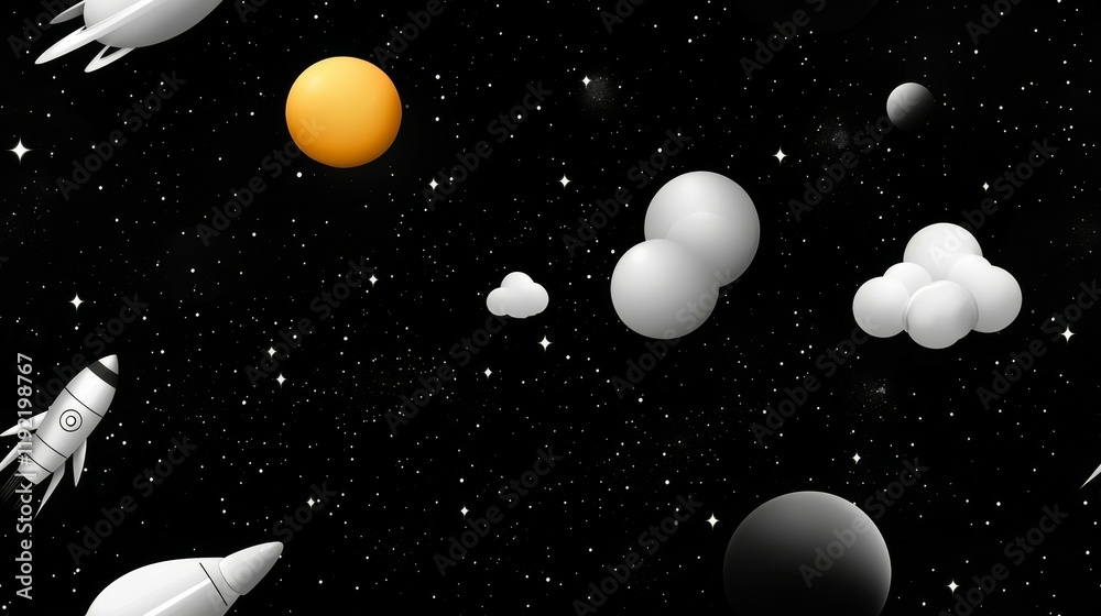 Fototapeta premium cute rocket and space seamless concept. Colorful space scene featuring rockets, planets, and clouds against a starry background.