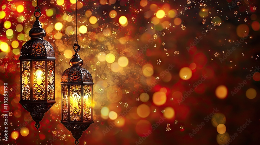 Festive lanterns glow, bokeh background, Ramadan celebration, greeting card Festive lanterns glow, bokeh background, Ramadan celebration, greeting card