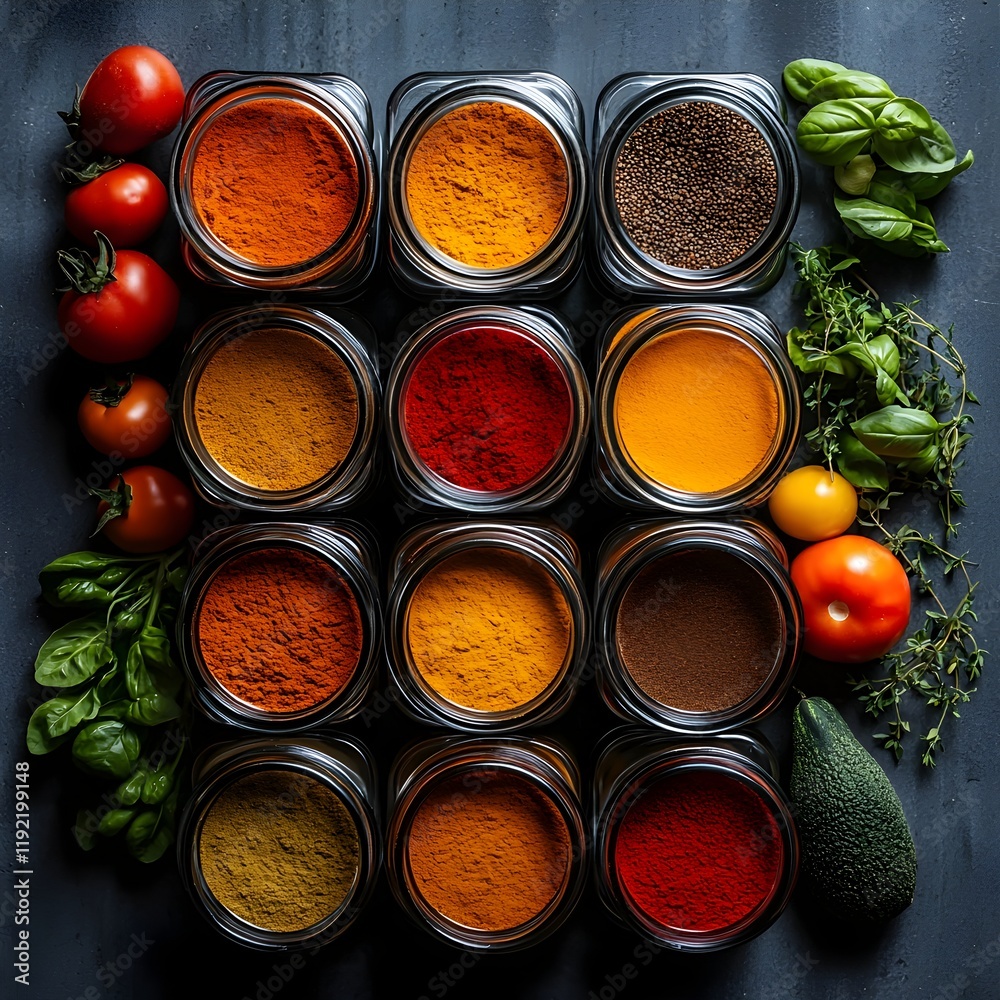 Naklejka premium Vibrant Spice Pantry with Fresh Herbs and Aromatic Dried Ingredients