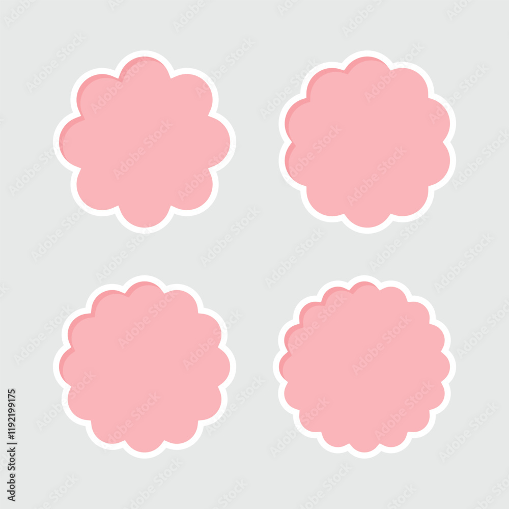 Set of blank pastel pink round scallop edge labels with white borders. Flat design illustration.
Set of blank pastel pink round scallop edge labels with white borders. Flat design illustration.