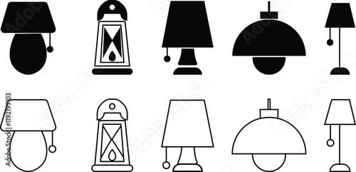 Lamp Silhouettes icon set, Lighting Fixtures vector of graphic design elements modern interior equipment. Chandeliers, used for Interior Design and Home Decoration, styles, on transparent background